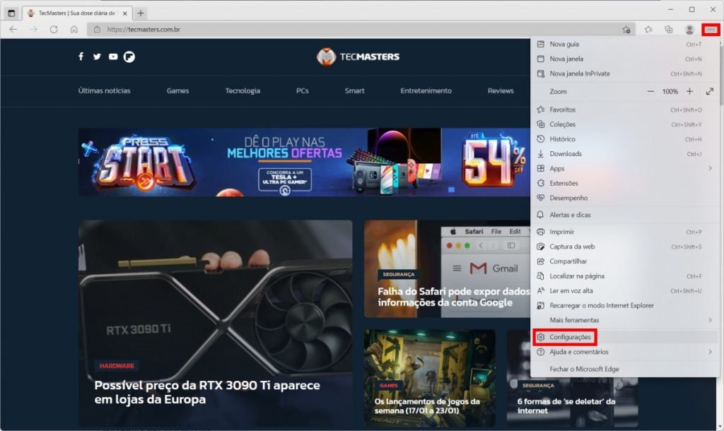 Microsoft Edge: como ativar ou desativar o "Início rápido" 1 Como ativar ou desativar o Início rápido do Microsoft Edge - Passo 1