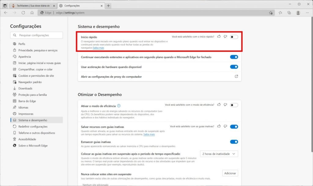 Microsoft Edge: como ativar ou desativar o "Início rápido" 3 Como ativar ou desativar o Início rápido do Microsoft Edge - Passo 3