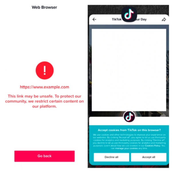 Montagem mostra duas telas de erro de segurança no tiktok
