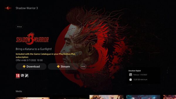 Captura de tela mostra Shadow Warrior 3 na PlayStation Plus