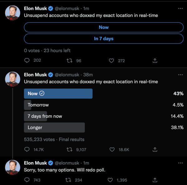 Captura de tela mostra enquete feita por Elon Musk no Twitter, onde ele questiona se deve ou não restaurar perfis críticos a ele banidos pelo Twitter