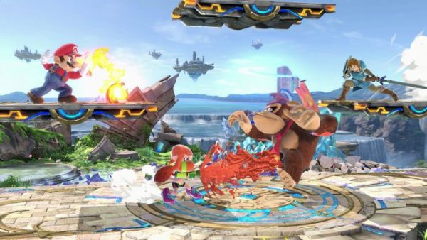 Imagem mostra cena do jogo Smash Bros Ultimate, com Donkey Kong e Super Mario