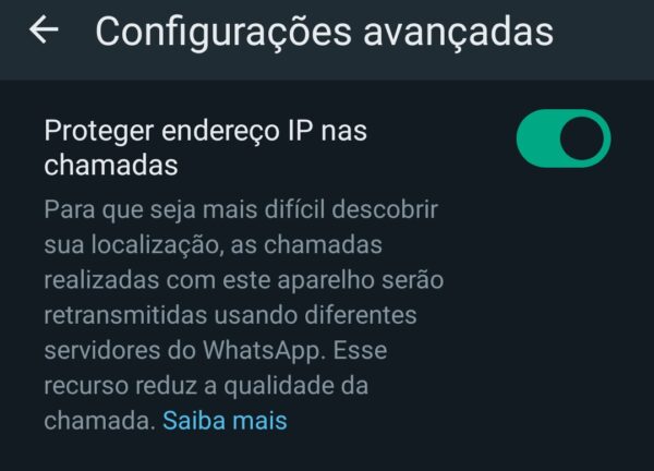 Imagem mostra opção de proteção de IP no WhatsApp