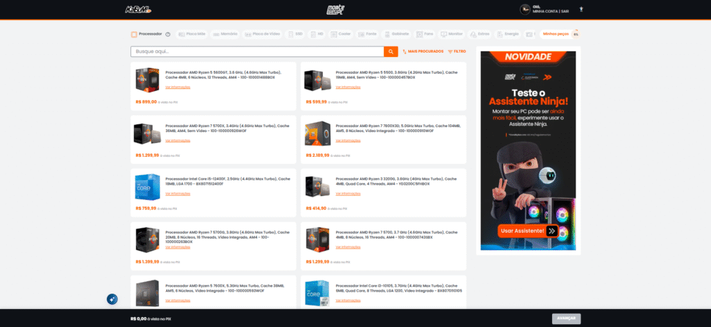 Como escolher processador: O guia definitivo para seu PC 3 Tela de seleção de processadores no Monte Seu PC