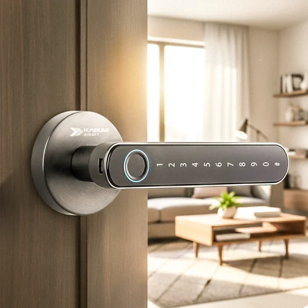 Fechadura KABUM! smart: Modernize sua porta com os novos modelos 1 A Fechadura KABUM! smart Slim cinza em uma porta de uma casa