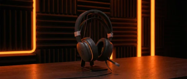 7 presentes criativos para Home Office: Dê um upgrade no trabalho remoto 3 O novo Headset Gamer Husky Permafrost em um suporte de headset em cima de uma mesa