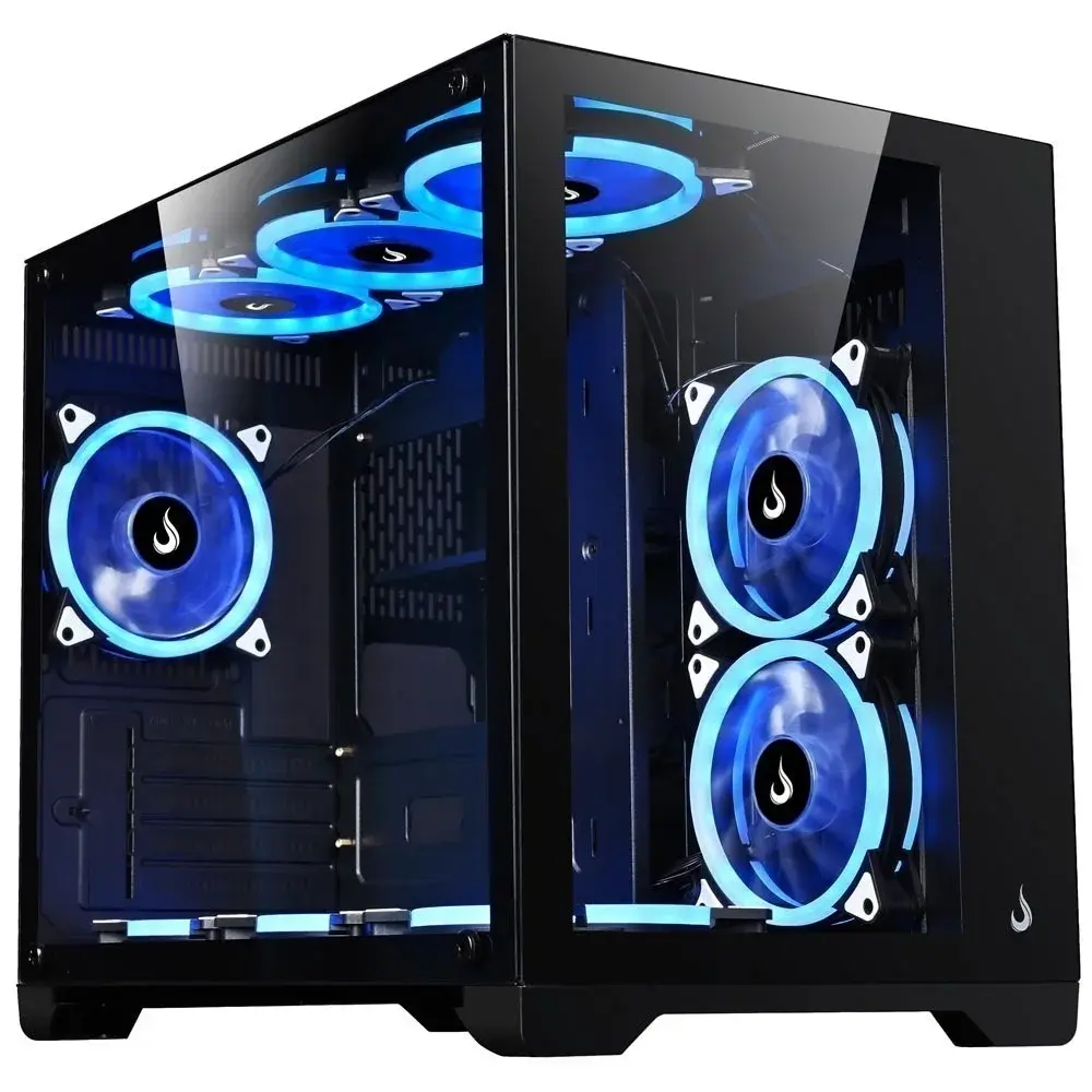 Gabinete de computador desktop (PC) preto com painel lateral de vidro temperado exibindo hardware interno e seis ventoinhas de resfriamento com iluminação LED branca brilhante.