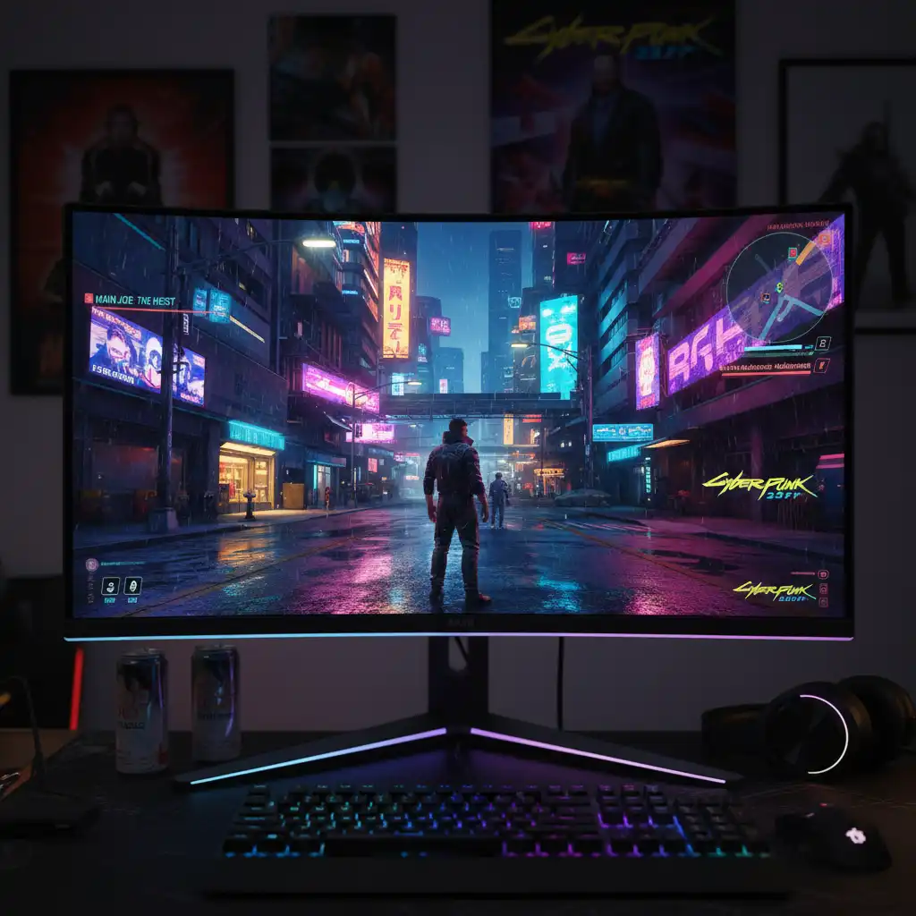 RTX 4070 Super vale a pena em 2026? 1 Monitor gamer moderno exibindo na tela uma cena vibrante de jogo inspirado em Cyberpunk 2077, com cidade futurista iluminada por luzes de néon, veículos futuristas e atmosfera cyberpunk.