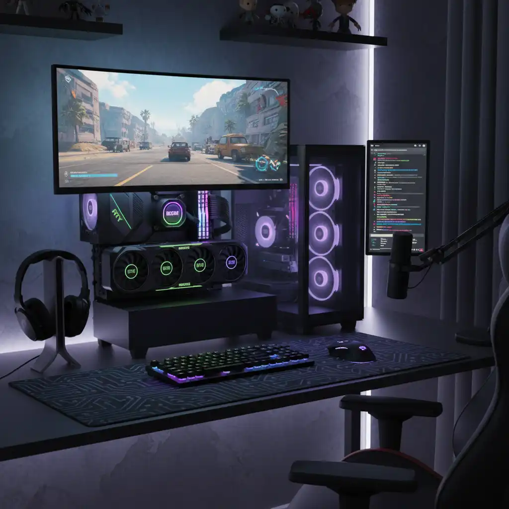 RTX 4070 Super vale a pena em 2026? 2 Setup gamer moderno com gabinete transparente mostrando a placa de vídeo RTX 4070 Super, dois monitores exibindo jogos, iluminação RGB, teclado mecânico, mouse gamer e cadeira confortável em um ambiente organizado.